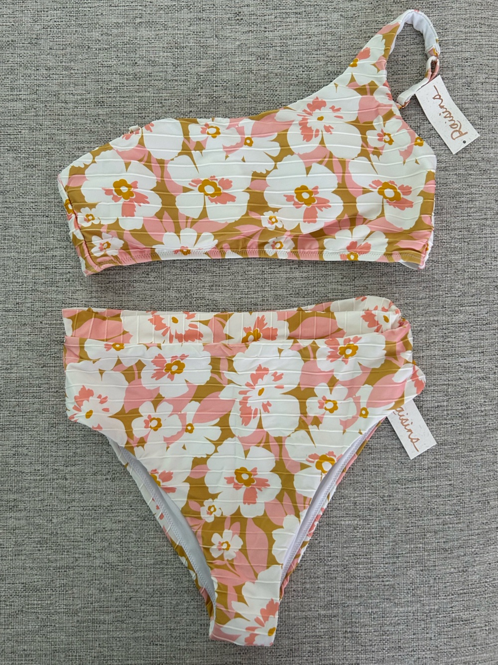 Floral One-Shoulder Bikini Set in White, Pink & Brown - NEW